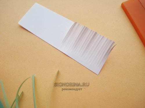 Из белой бумаги вырежьте маленький прямоугольник и также надрежьте его с одной стороны мелкими полосками.