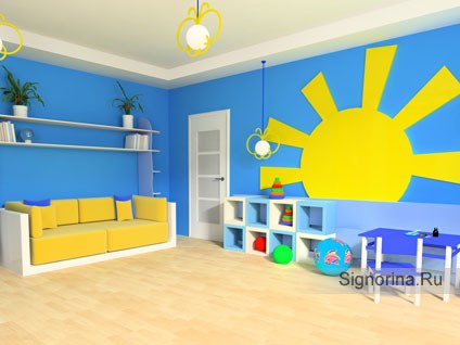 Дизайн спальни для мальчика: солнце и небо