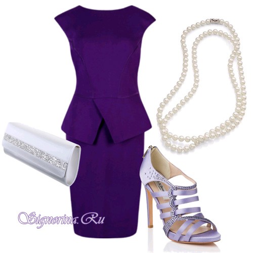 Фиолетовое платье с жемчугом и атласными аксессуарами: Фото 