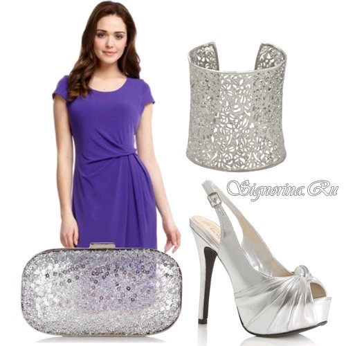 Элегантный вечерний вариант - фиолетовое платье с серебристыми аксессуарами и обувь: Фото 