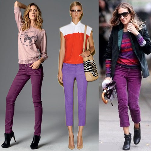 С чем носить фиолетовые джинсы: фото