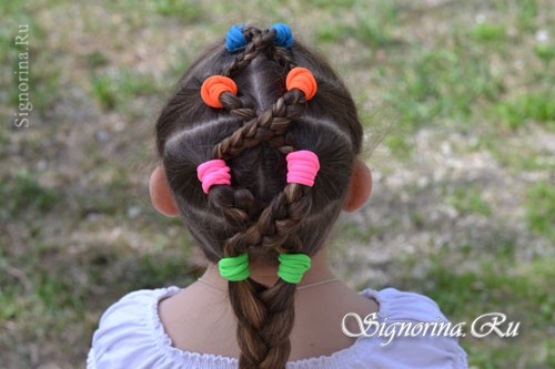 Детская прическа для девочки на каждый день с косичками и резинками, пошагово: фото