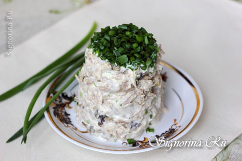 Грибной салат с курицей и зеленым луком: фото