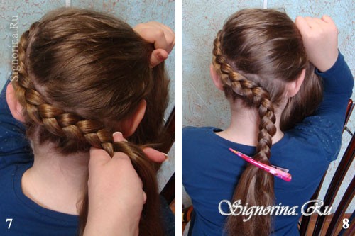 Мастер-класс по созданию причёски для девочки на длинные волосы с косами и бантиком: фото 7-8