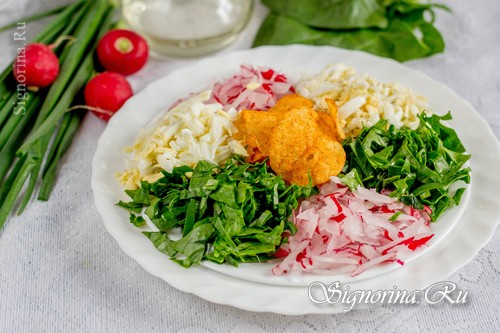 Салат из редиса и яйца с маслом, шпинатом и чипсами рецепт фото